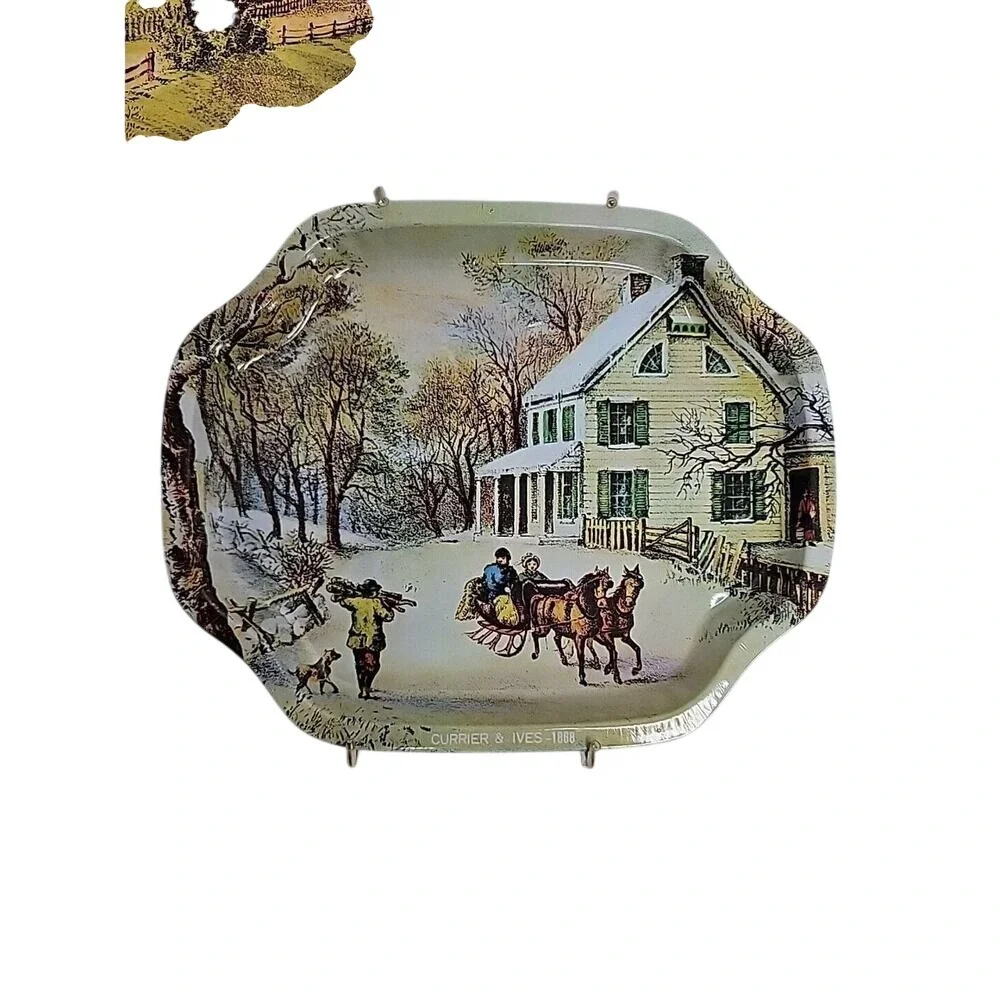 Vtg. Currier & Ives‎ American Homestead 3 Seasons 1868 Metal Serving trays 7.5x6